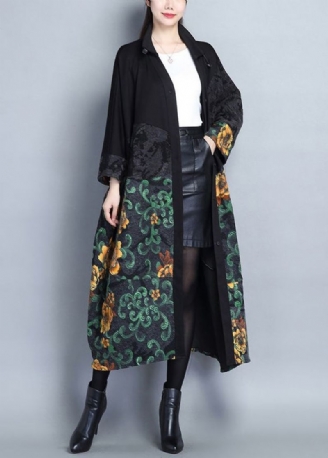 Groene Print Zakken Patchwork Katoen Lange Trenchcoats Knoop Mouw