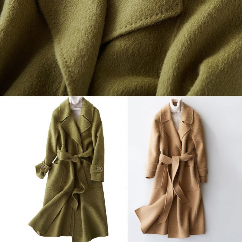 Groene Wollen Jassen Plus Size Lange Winterjas Reverskraag Damesjassen Met Strikband In De Taille - Dames trenchcoats