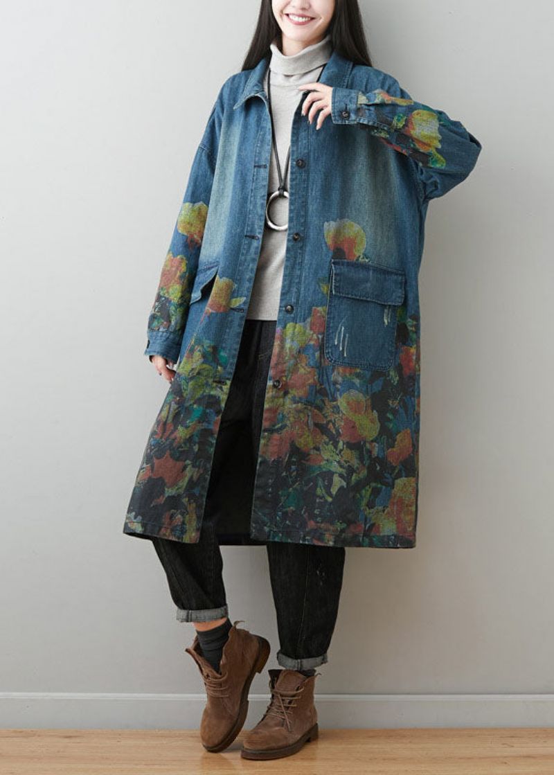 Grote Maten Blauwe Peter Pan-kraag Zakken Print Katoenen Denimjassen Lente - Dames trenchcoats