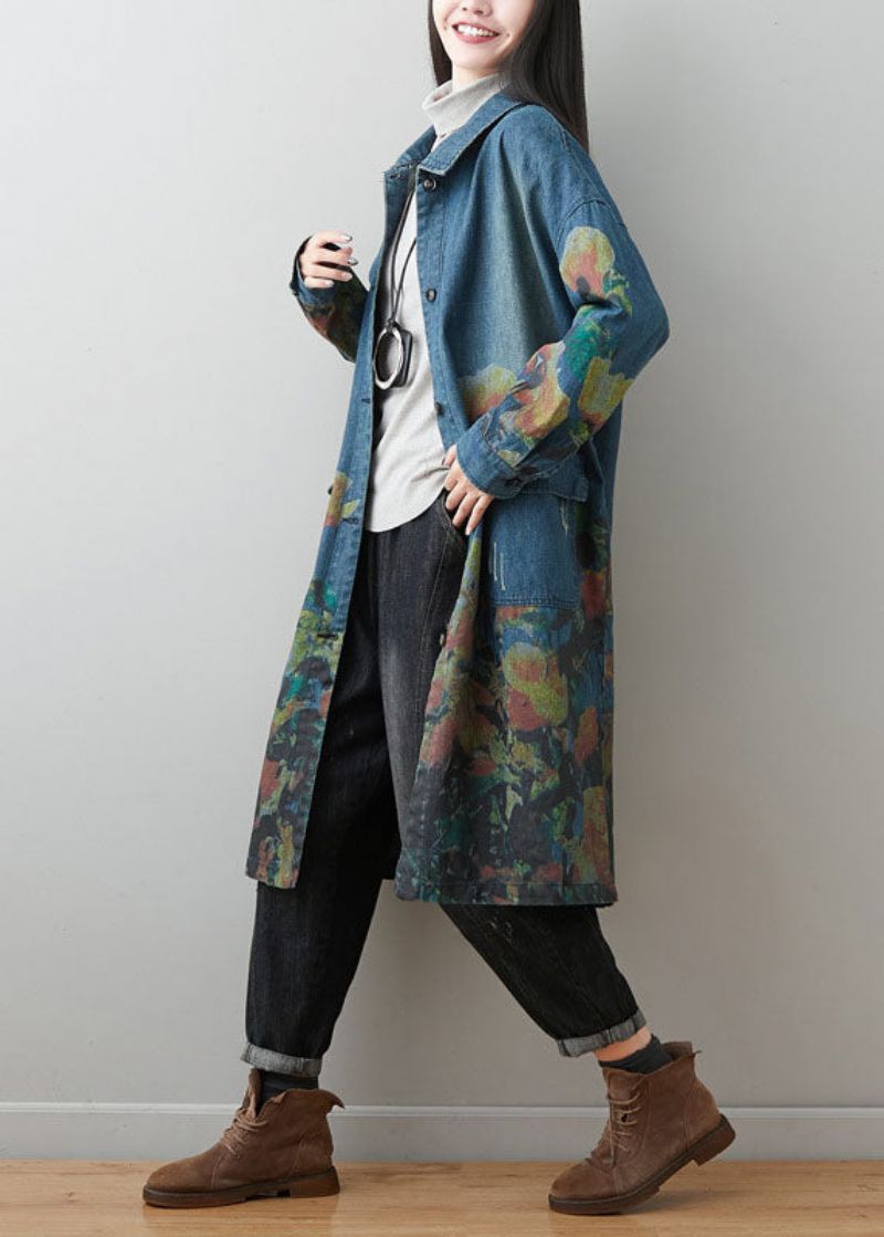 Grote Maten Blauwe Peter Pan-kraag Zakken Print Katoenen Denimjassen Lente - Dames trenchcoats