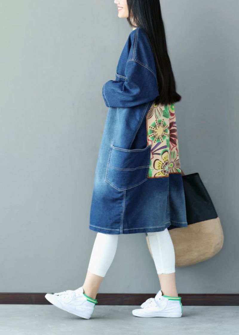 Grote Maten Blauwe V-halszakken Appliqué Katoenen Denimjassen Lente - Dames trenchcoats