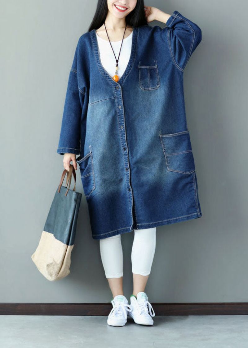 Grote Maten Blauwe V-halszakken Appliqué Katoenen Denimjassen Lente - Dames trenchcoats