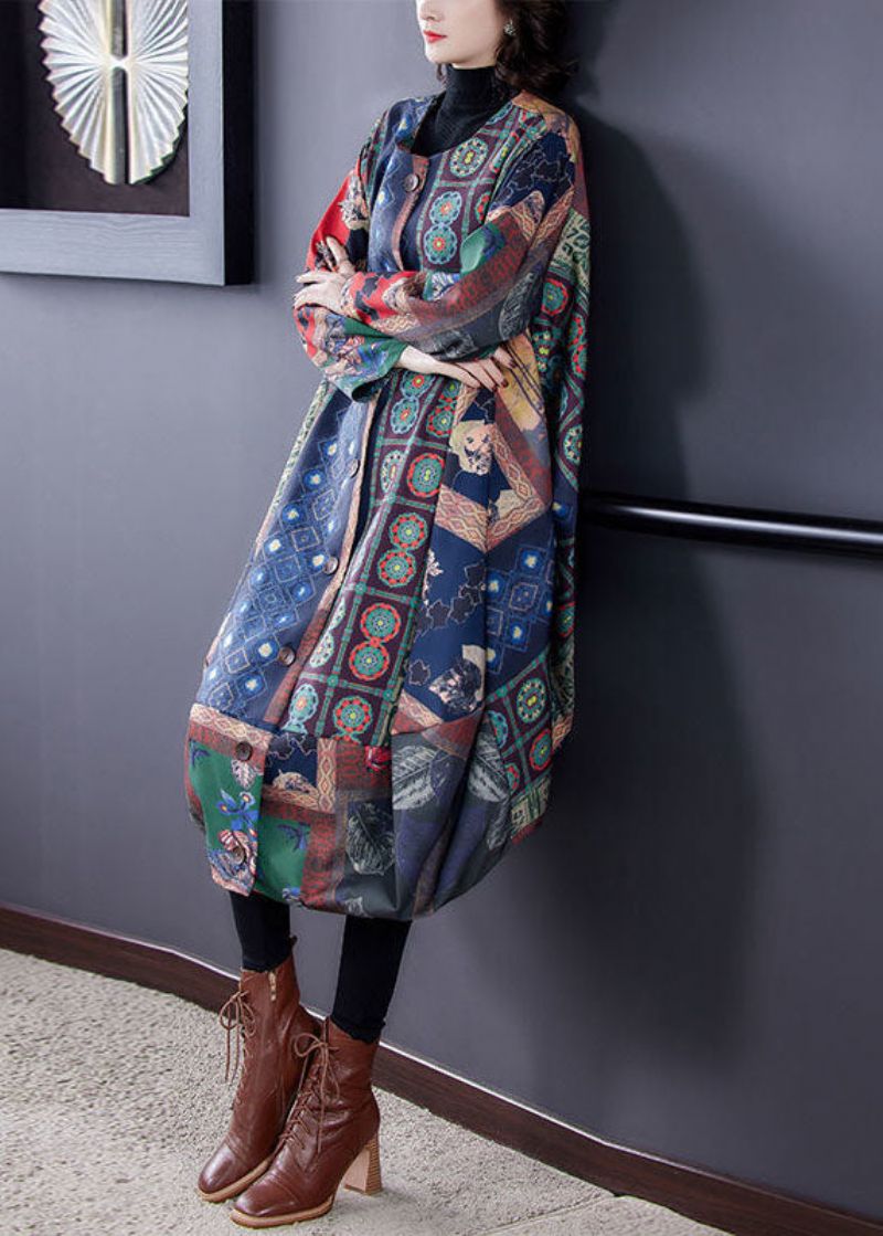 Grote Maten Colorblock O-hals Asymmetrische Print Katoenen Trenchcoats Herfst - Dames trenchcoats