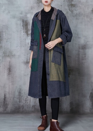 Grote Maten Marineblauw Oversized Denim Trenchcoats Met Patchwork Lente