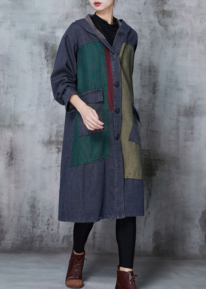 Grote Maten Marineblauw Oversized Denim Trenchcoats Met Patchwork Lente - Dames trenchcoats