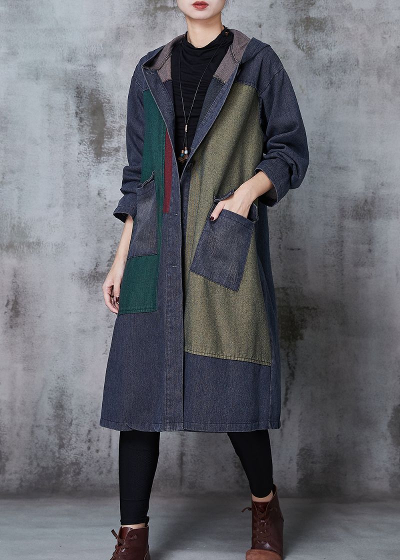 Grote Maten Marineblauw Oversized Denim Trenchcoats Met Patchwork Lente - Dames trenchcoats