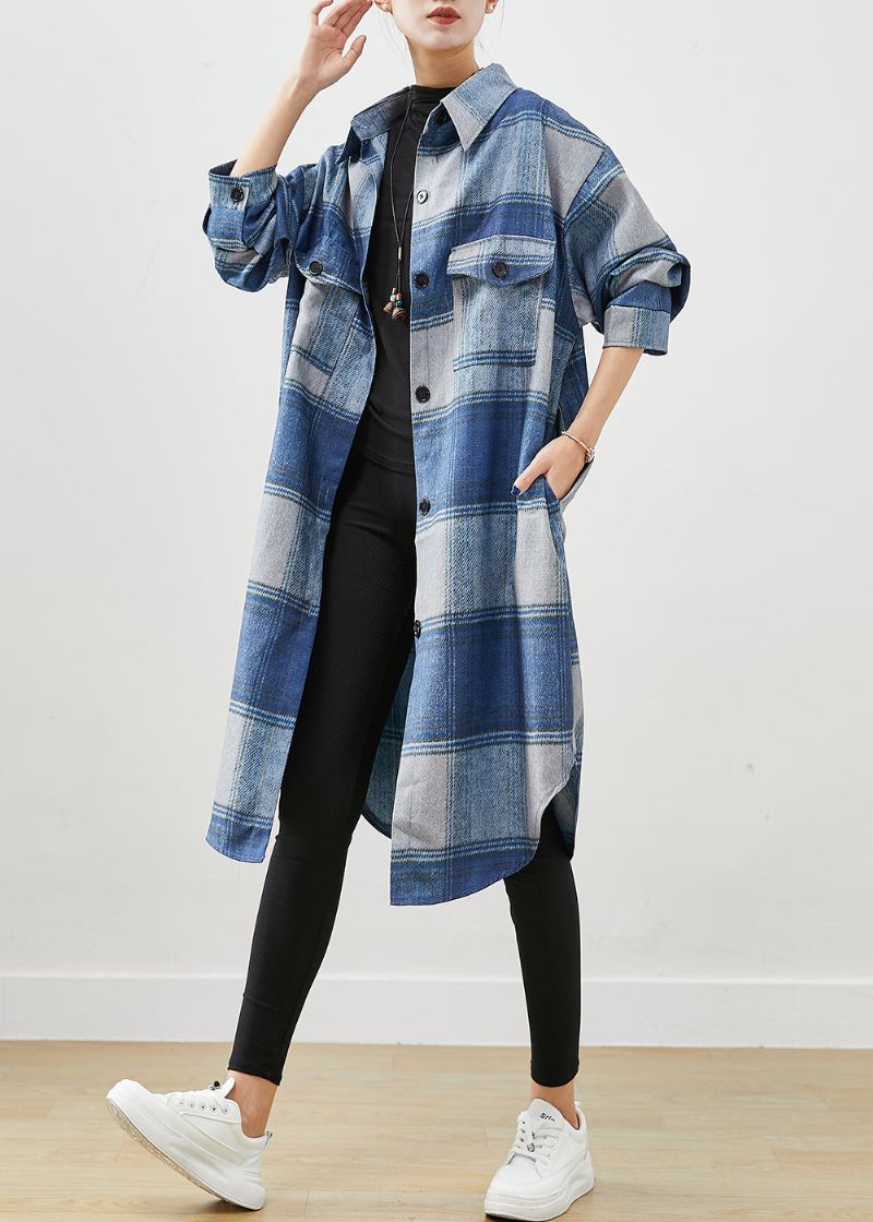 Handgemaakte Blauwe Geruite Wollen Overhemd Trenchcoats Herfst - Dames trenchcoats