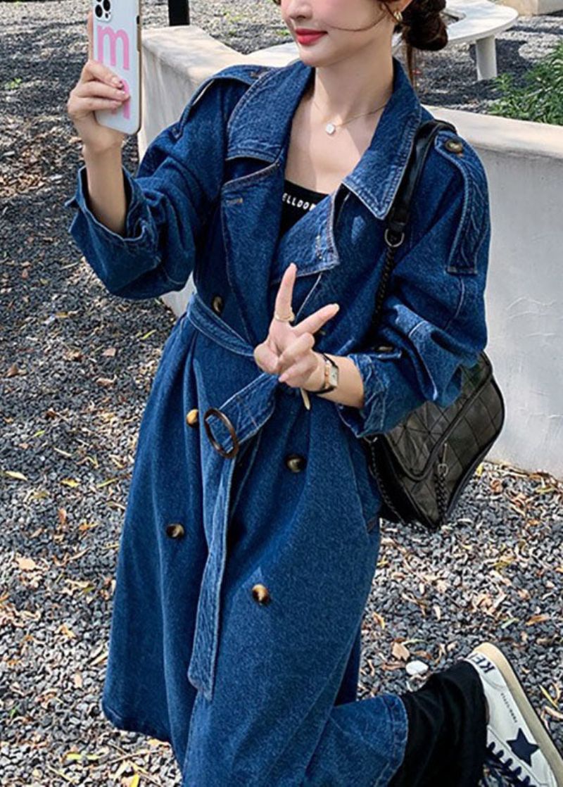 Handgemaakte Blauwe Zakken Stropdas Taille Patchwork Denim Trench Herfst - Dames trenchcoats