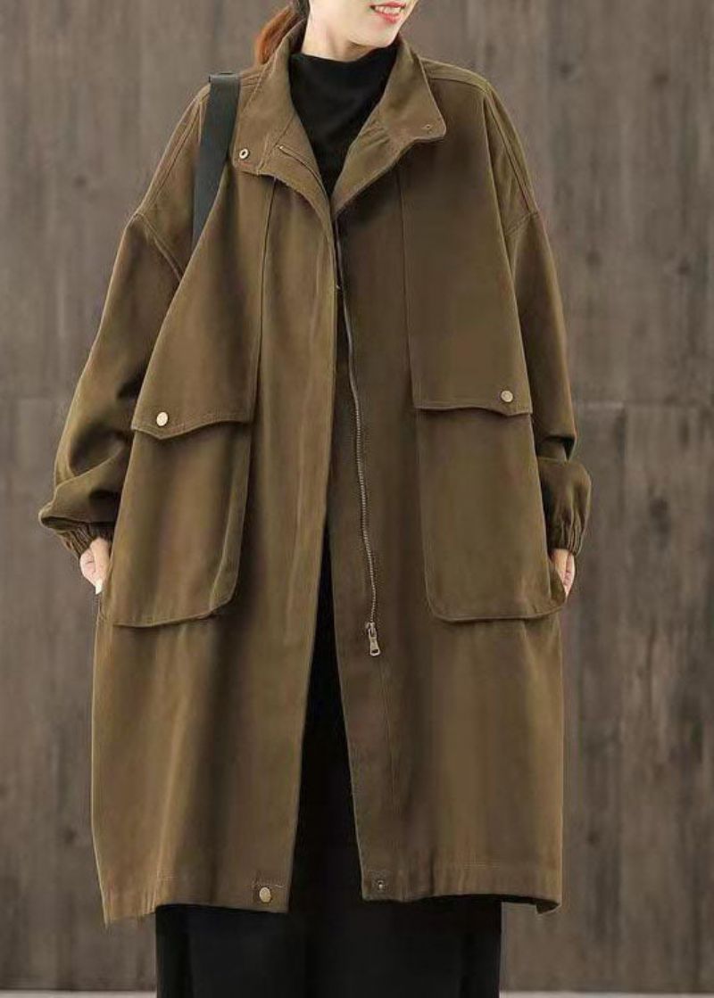 Handgemaakte Chocolade Casual Zakken Met Ritssluiting En Patchwork Herfst Trenchcoats - Dames trenchcoats