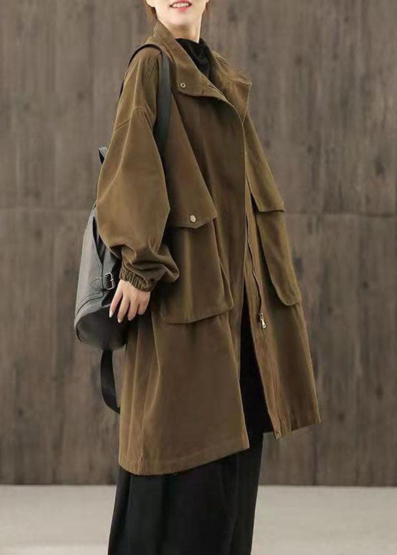 Handgemaakte Chocolade Casual Zakken Met Ritssluiting En Patchwork Herfst Trenchcoats - Dames trenchcoats