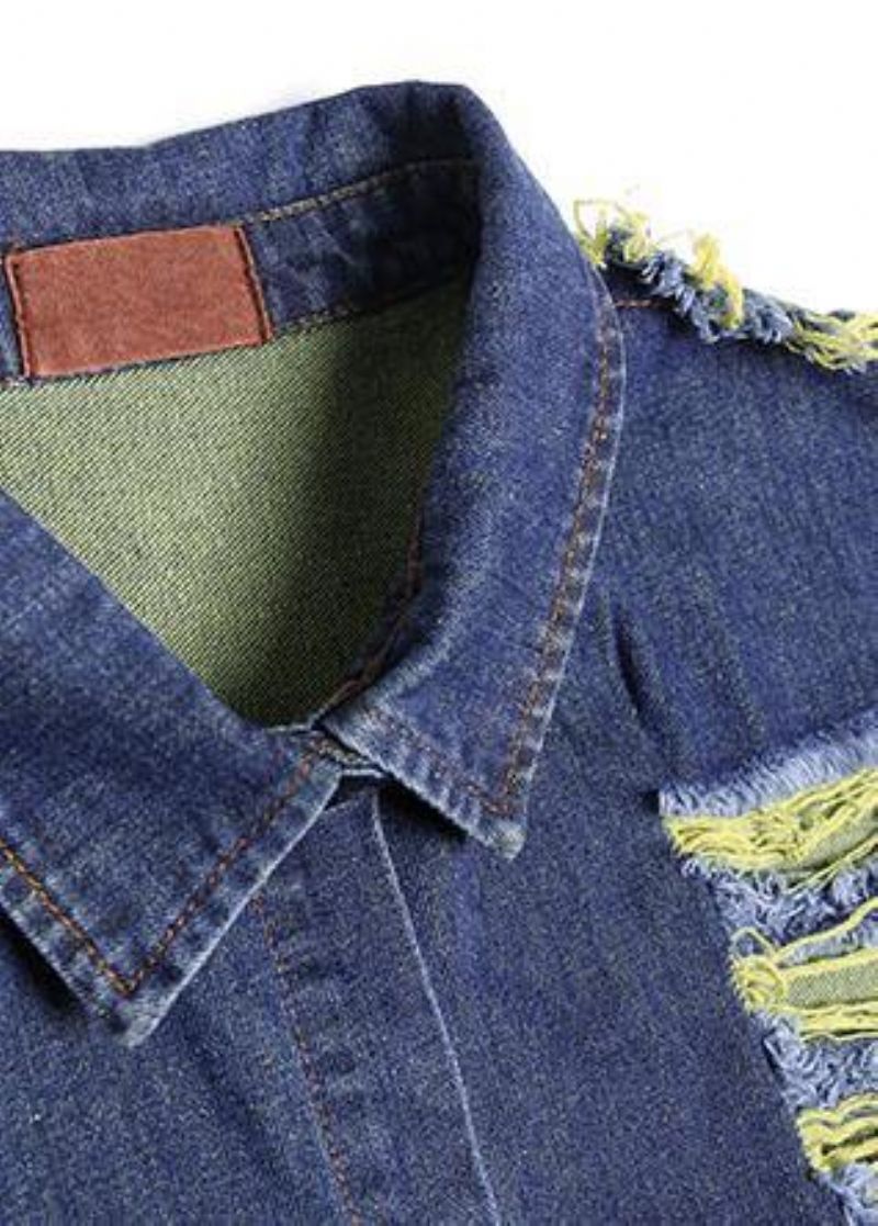 Handgemaakte Denimblauwe Fijne Jassen Met Patchworkmouwen Damesfotografie Uitgeholde Herfstjassen - Dames trenchcoats