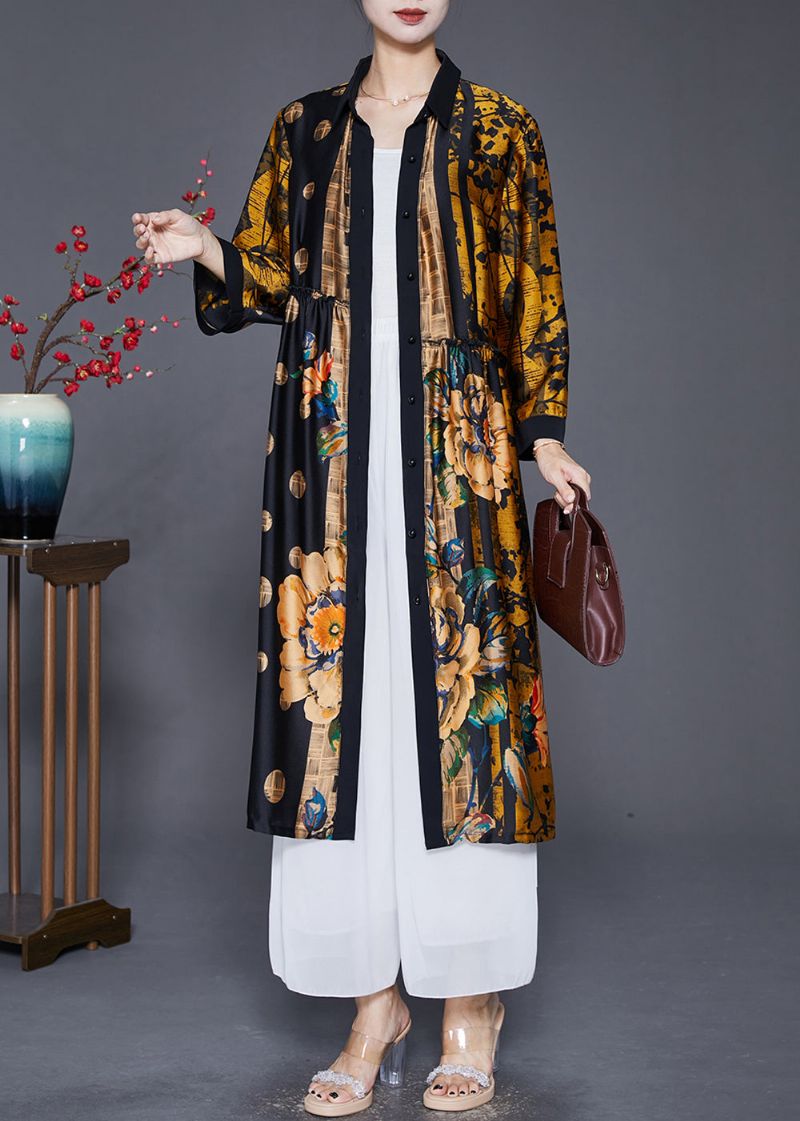 Handgemaakte Gele Oversized Print Gerimpelde Zijden Jassen Herfst - Dames trenchcoats