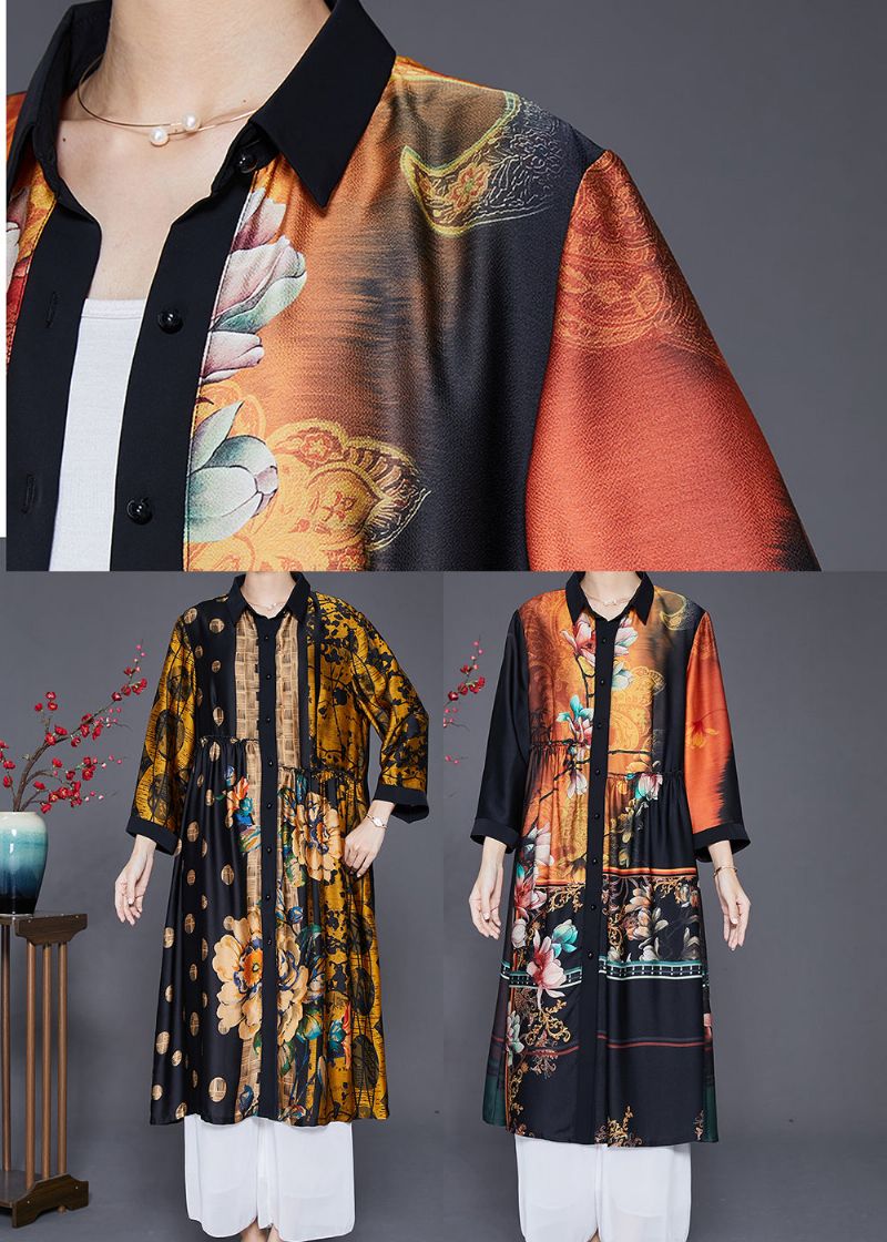 Handgemaakte Gele Oversized Print Gerimpelde Zijden Jassen Herfst - Dames trenchcoats