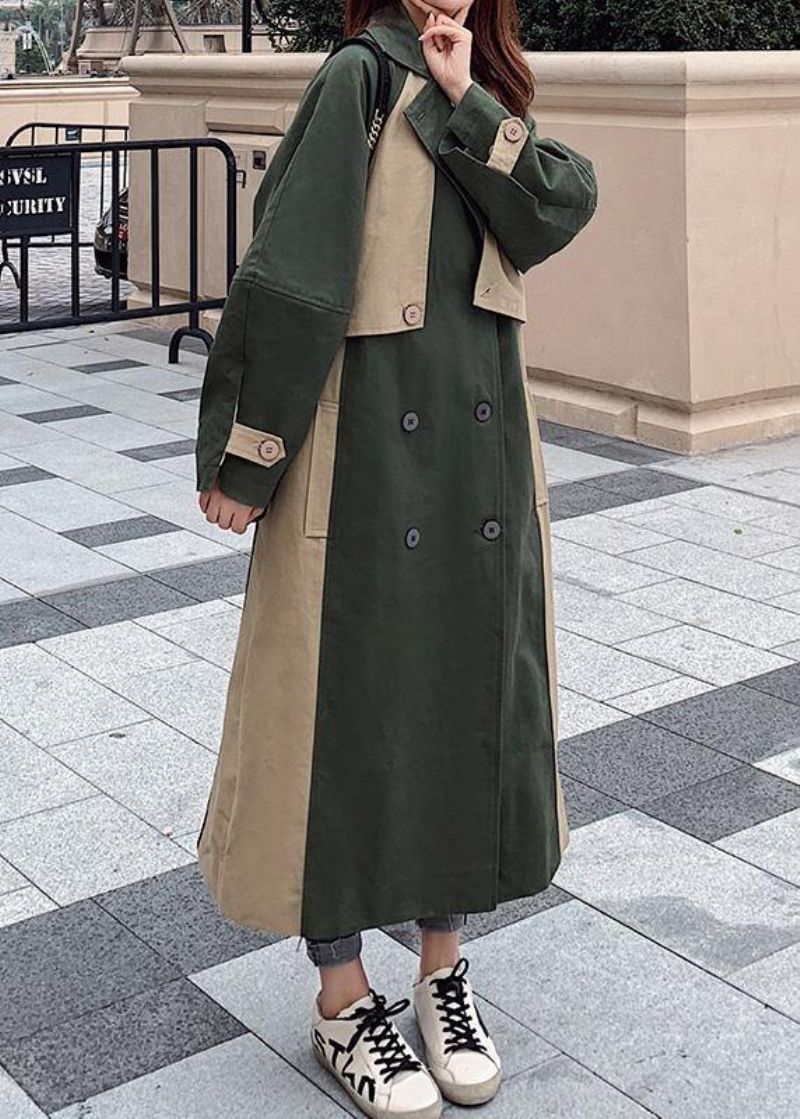 Handgemaakte Groene Fijne Uitloper Katoenen Patchwork Jas Met Dubbele Borst - Dames trenchcoats