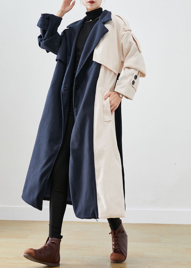 Handgemaakte Marineblauwe Asymmetrische Patchwork Wollen Trenchcoats Herfst