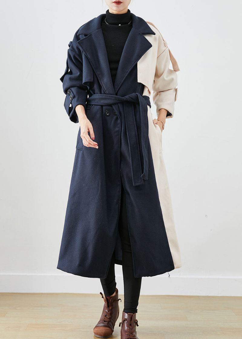 Handgemaakte Marineblauwe Asymmetrische Patchwork Wollen Trenchcoats Herfst - Dames trenchcoats