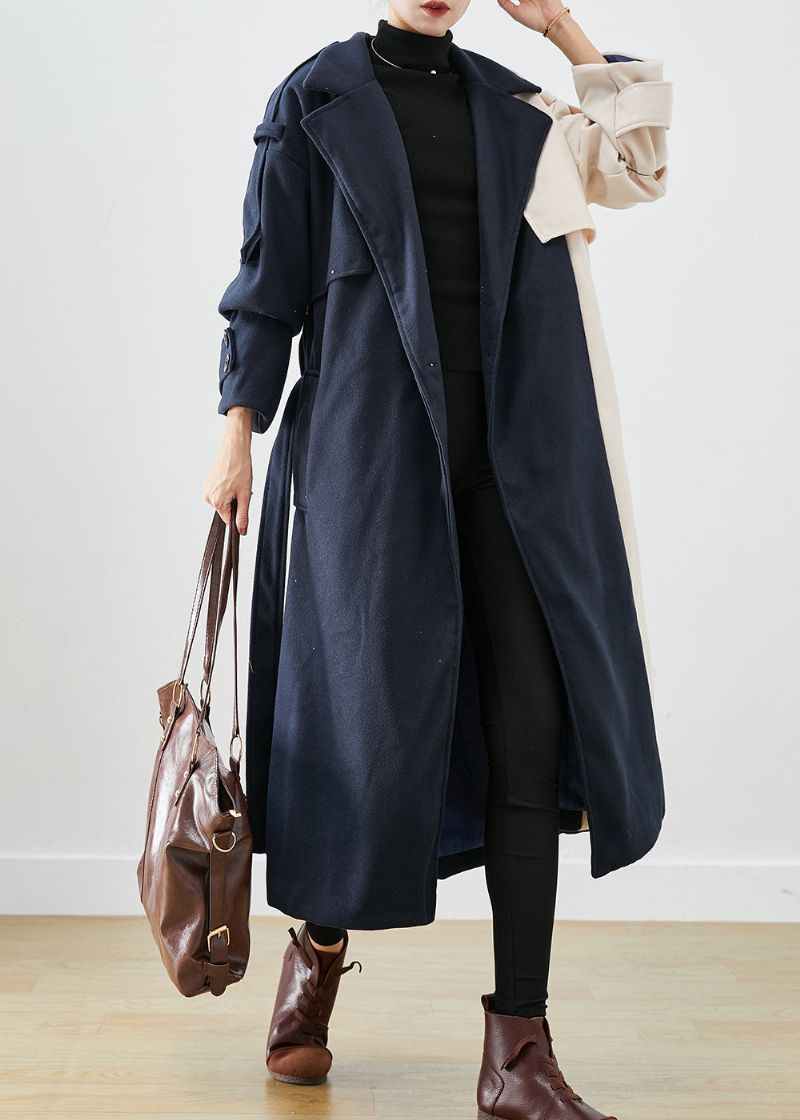 Handgemaakte Marineblauwe Asymmetrische Patchwork Wollen Trenchcoats Herfst - Dames trenchcoats