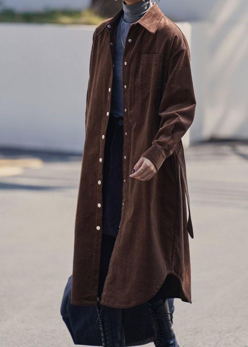 Handgemaakte Revers Button-down Trenchcoat Chocolade Midi-jas