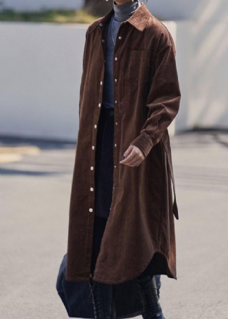 Handgemaakte Revers Button-down Trenchcoat Chocolade Midi-jas