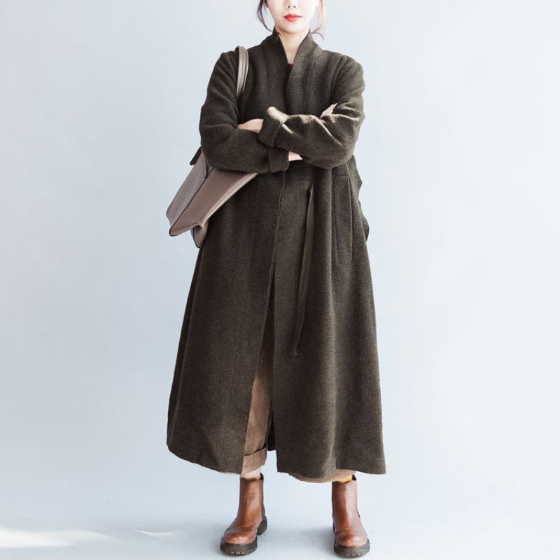 Herfst Winter Zwartachtig Groen Mode Wollen Vesten Plus Size Dames Trenchcoats Met Strikband