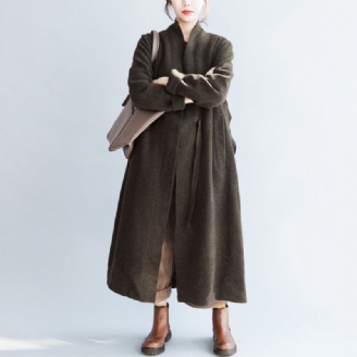 Herfst Winter Zwartachtig Groen Mode Wollen Vesten Plus Size Dames Trenchcoats Met Strikband