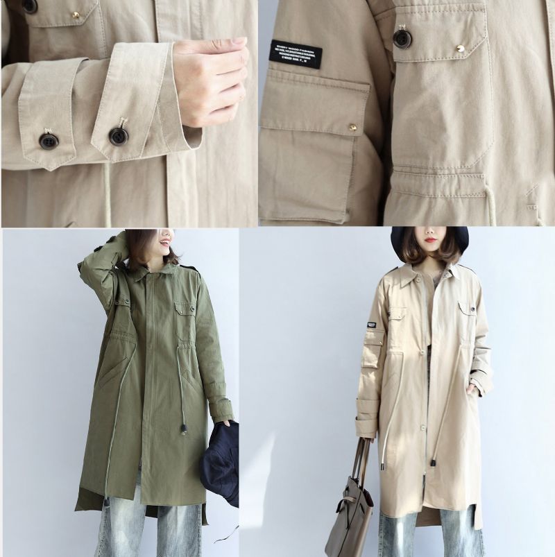 Herfstbeige Katoenen Trenchcoat Met Strikband En Reversparka Met Losse Zakken - Zwart