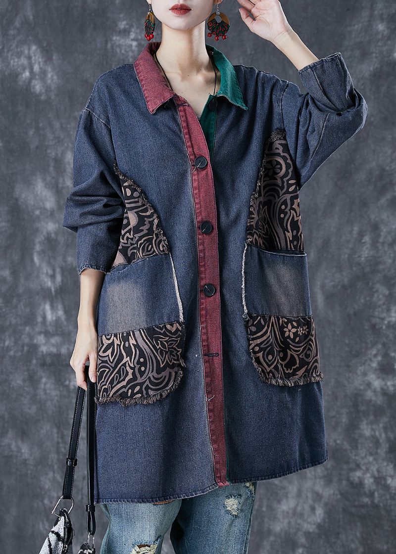 Italiaans Marineblauw Oversized Patchwork Denim Gescheurde Trenchcoat Herfst