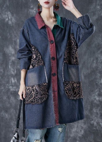 Italiaans Marineblauw Oversized Patchwork Denim Gescheurde Trenchcoat Herfst