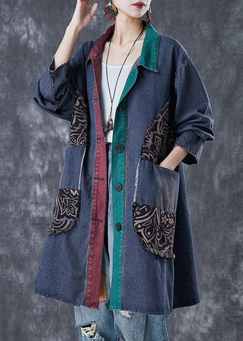 Italiaans Marineblauw Oversized Patchwork Denim Gescheurde Trenchcoat Herfst - Dames trenchcoats