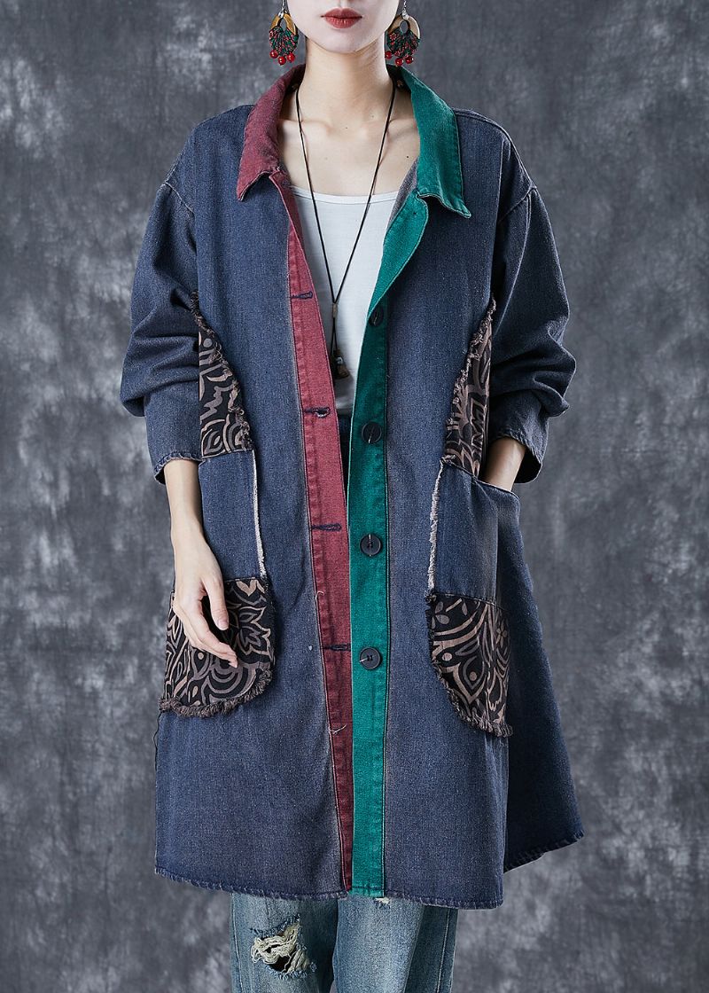 Italiaans Marineblauw Oversized Patchwork Denim Gescheurde Trenchcoat Herfst - Dames trenchcoats