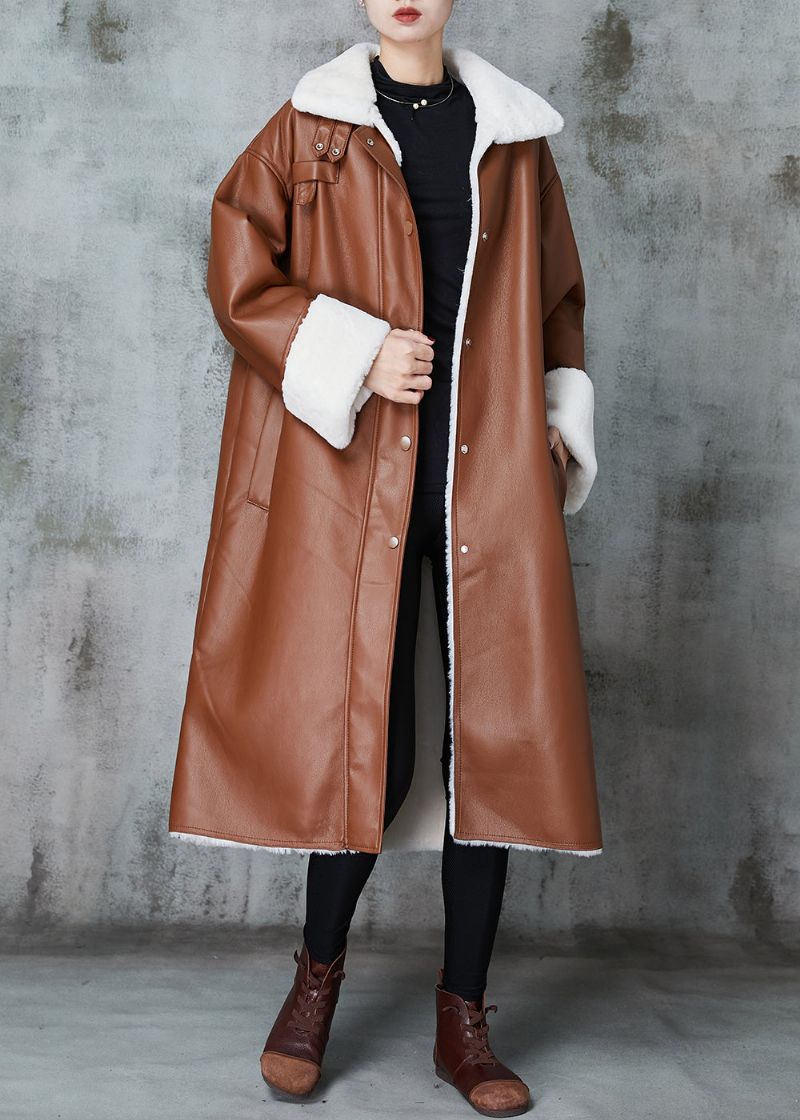 Italiaanse Bruine Oversized Warme Leren En Bont Trenchcoats Lente