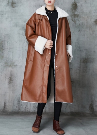 Italiaanse Bruine Oversized Warme Leren En Bont Trenchcoats Lente