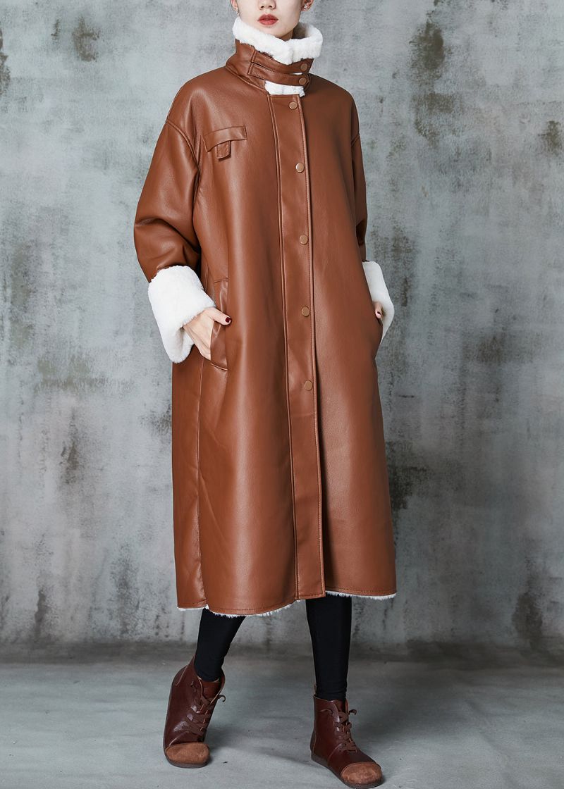 Italiaanse Bruine Oversized Warme Leren En Bont Trenchcoats Lente - Dames trenchcoats