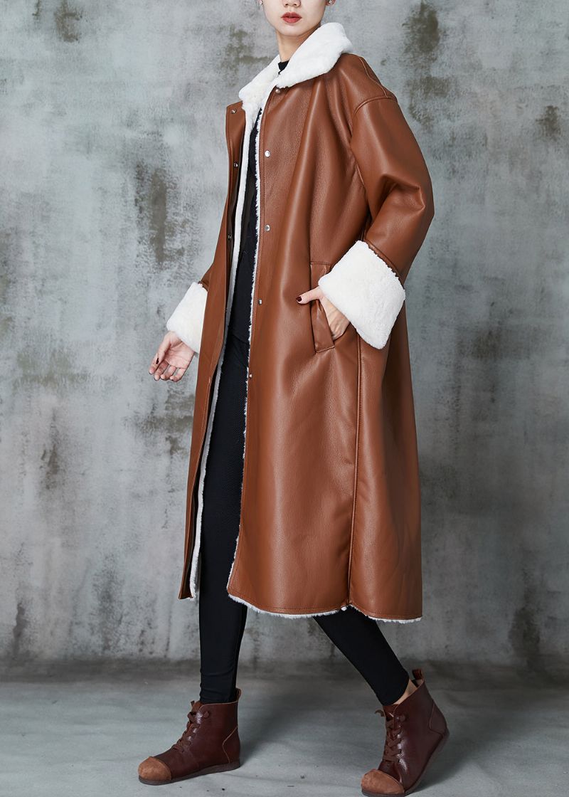 Italiaanse Bruine Oversized Warme Leren En Bont Trenchcoats Lente - Dames trenchcoats