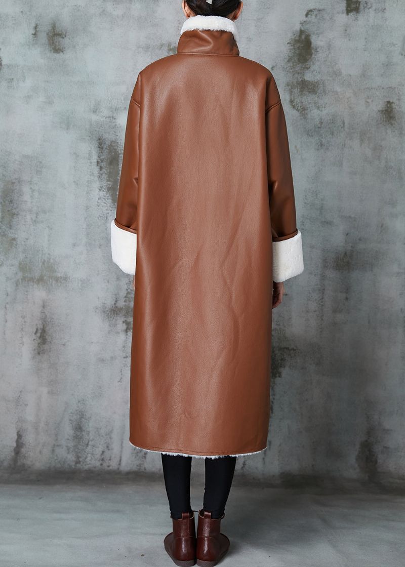 Italiaanse Bruine Oversized Warme Leren En Bont Trenchcoats Lente - Dames trenchcoats