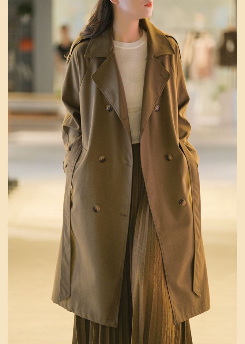 Italiaanse Chocolade Peter Pan Kraag Dubbele Borst Sjerpen Katoenen Trenchcoat Herfst - Dames trenchcoats