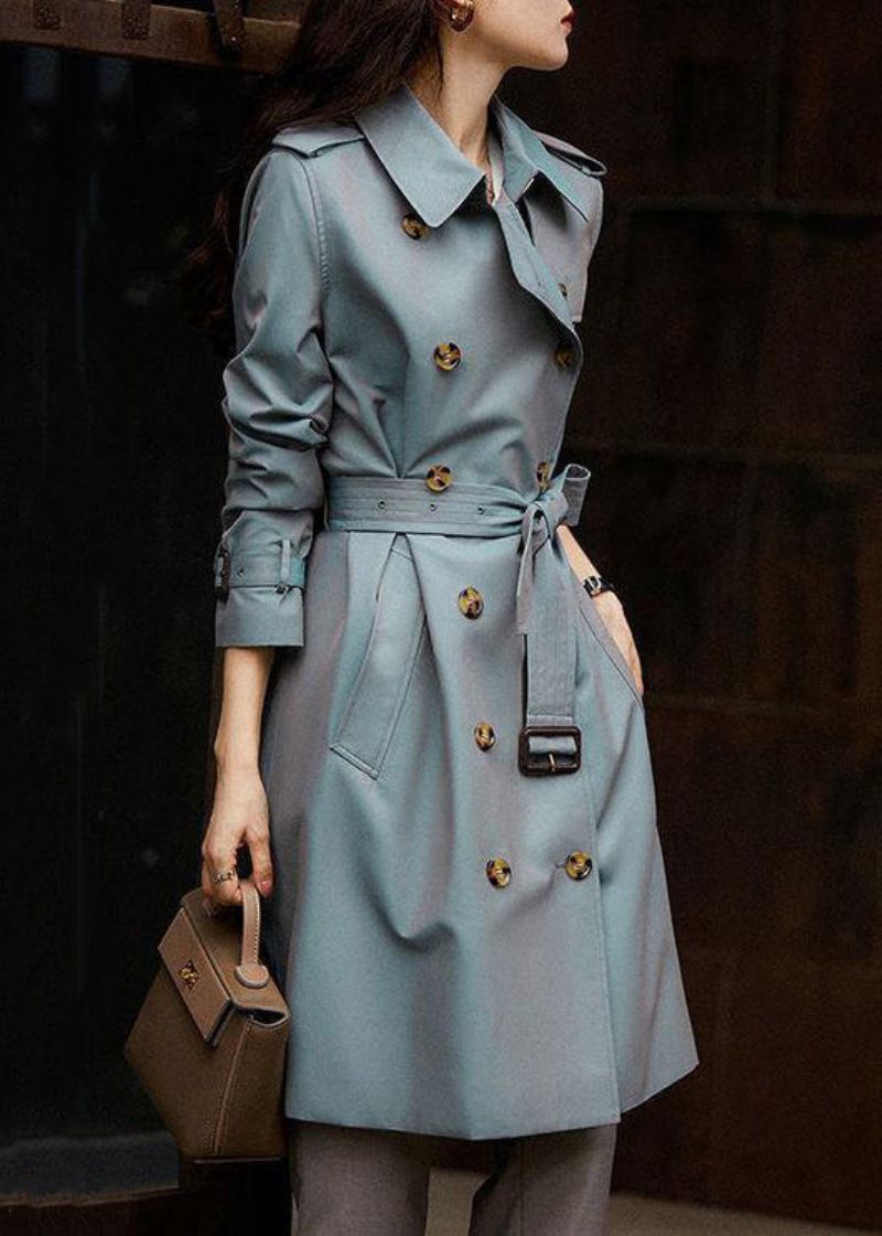 Italiaanse Grijsblauwe Knoopsluiting In De Taillezakken Katoenen Trenchcoat Herfst - Dames trenchcoats