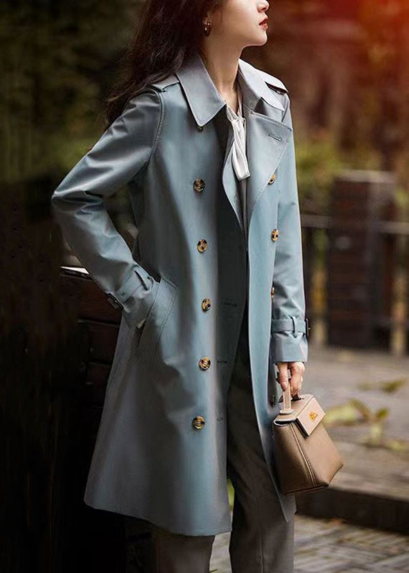 Italiaanse Grijsblauwe Knoopsluiting In De Taillezakken Katoenen Trenchcoat Herfst - Dames trenchcoats