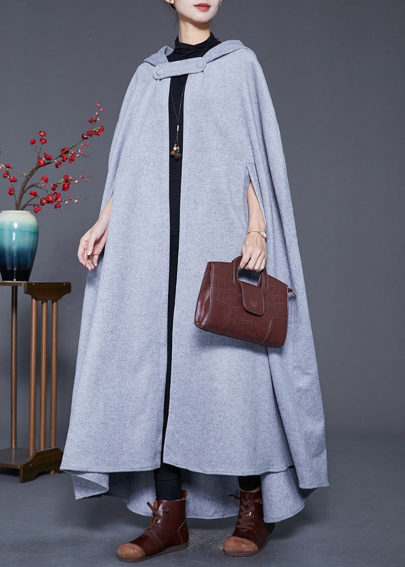 Italiaanse Grijze Oversized Wollen Vesten Met Capuchon Mantelmouwen - Dames trenchcoats