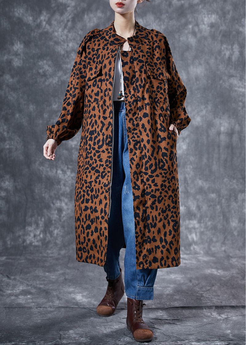 Italiaanse Koffie Oversized Luipaardprint Zakken Katoenen Trenchcoat Lente