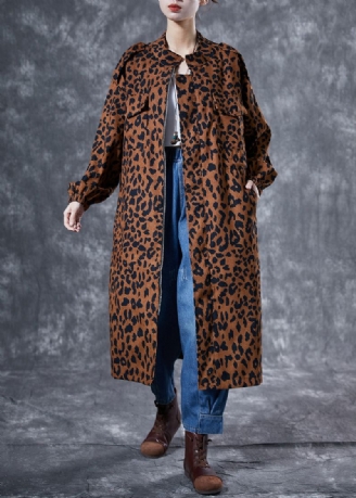 Italiaanse Koffie Oversized Luipaardprint Zakken Katoenen Trenchcoat Lente