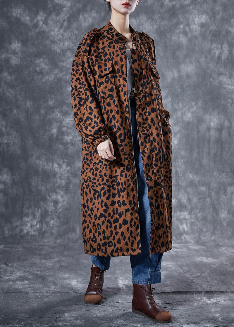 Italiaanse Koffie Oversized Luipaardprint Zakken Katoenen Trenchcoat Lente - Dames trenchcoats