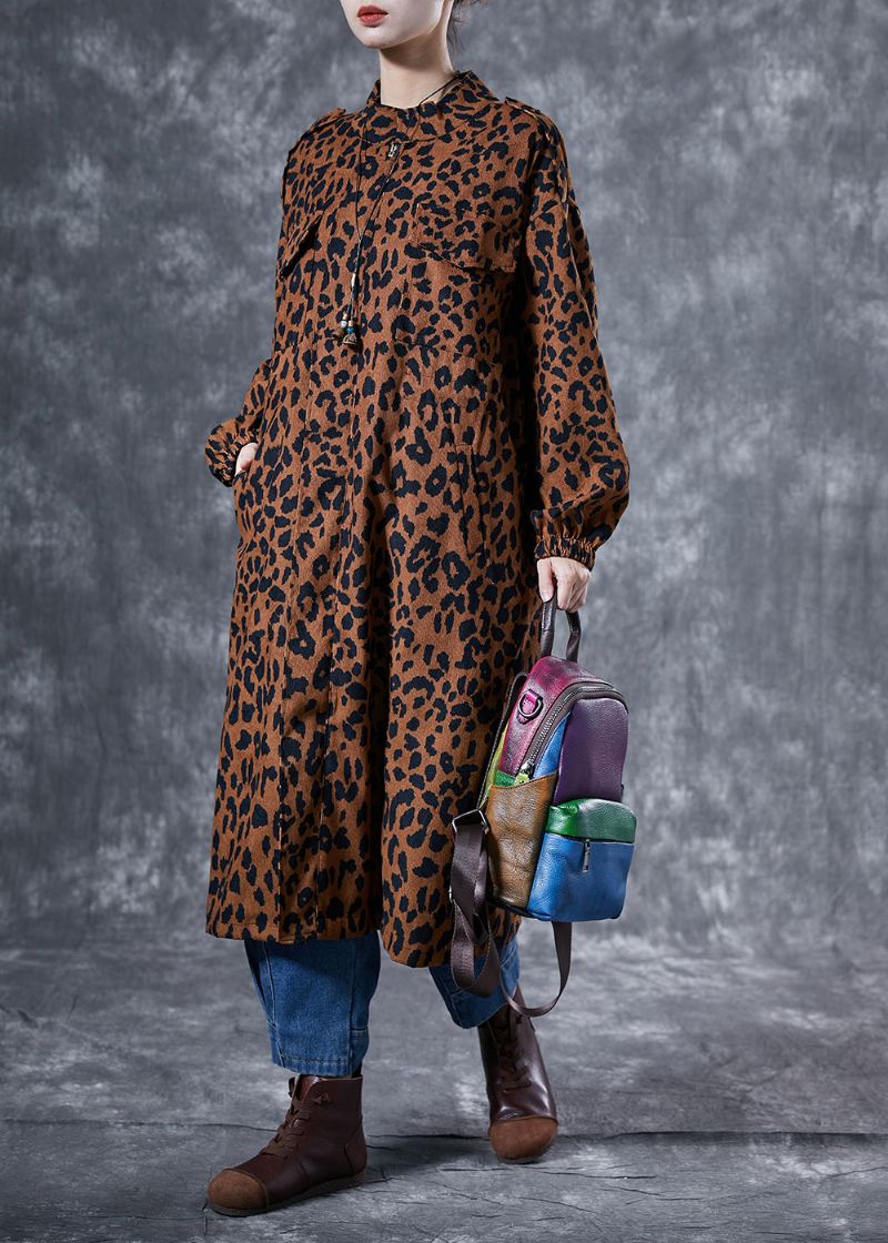 Italiaanse Koffie Oversized Luipaardprint Zakken Katoenen Trenchcoat Lente - Dames trenchcoats