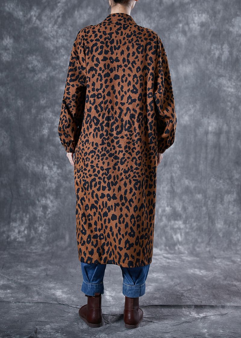 Italiaanse Koffie Oversized Luipaardprint Zakken Katoenen Trenchcoat Lente - Dames trenchcoats