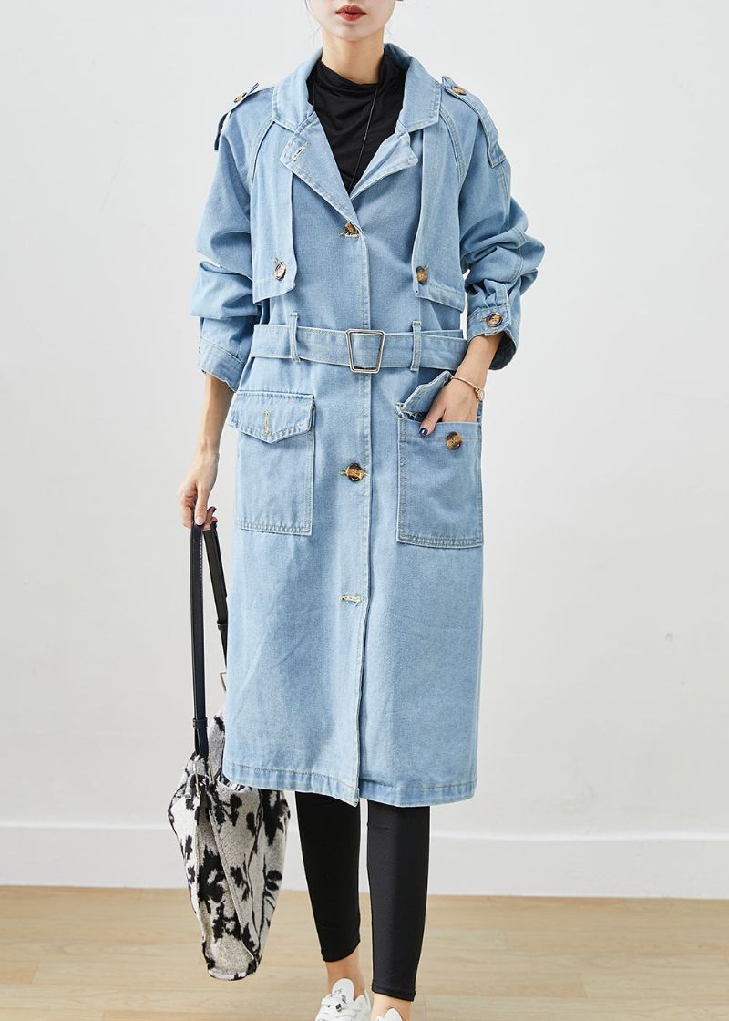 Italiaanse Lichtblauwe Denim Trenchcoat Met Ingekerfde Taille En Herfst - Dames trenchcoats