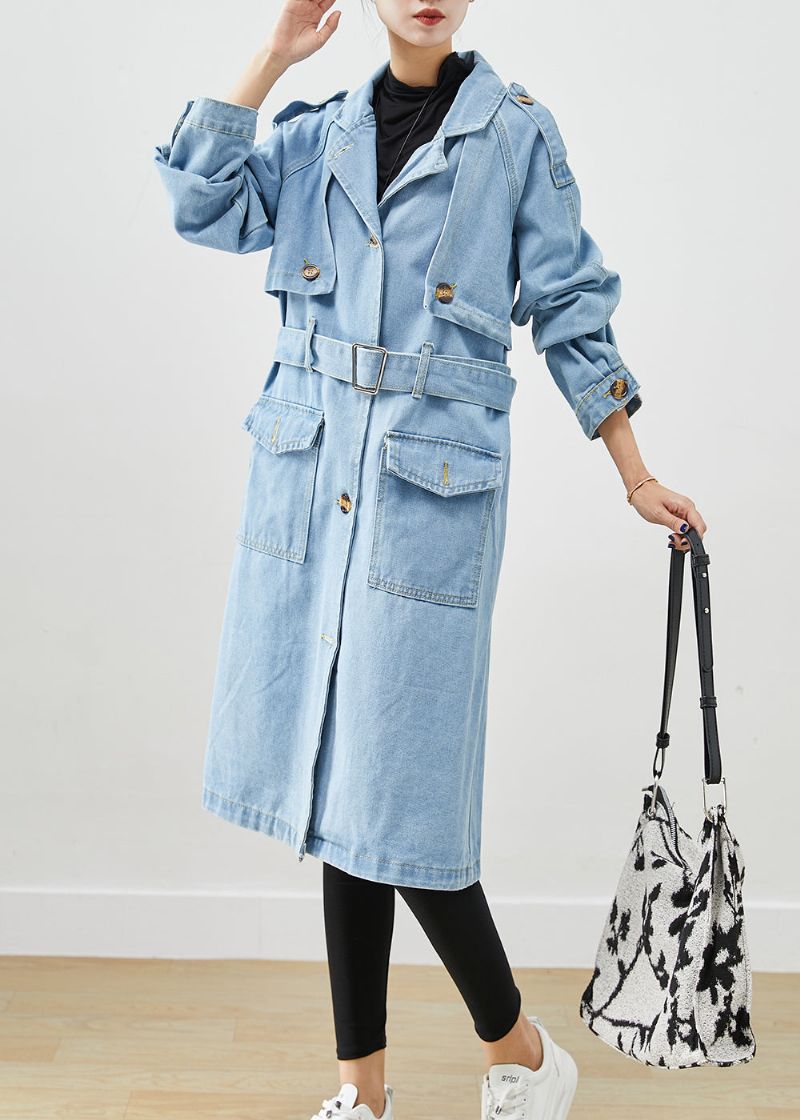 Italiaanse Lichtblauwe Denim Trenchcoat Met Ingekerfde Taille En Herfst - Dames trenchcoats