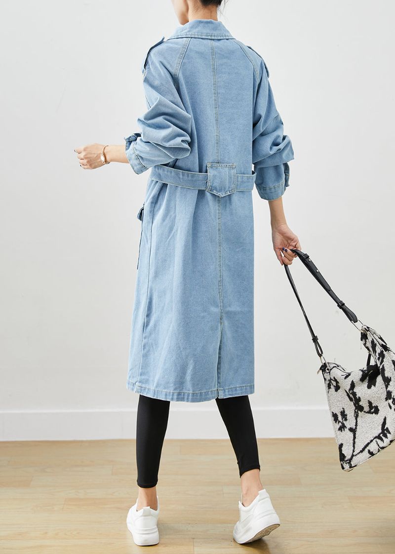 Italiaanse Lichtblauwe Denim Trenchcoat Met Ingekerfde Taille En Herfst - Dames trenchcoats