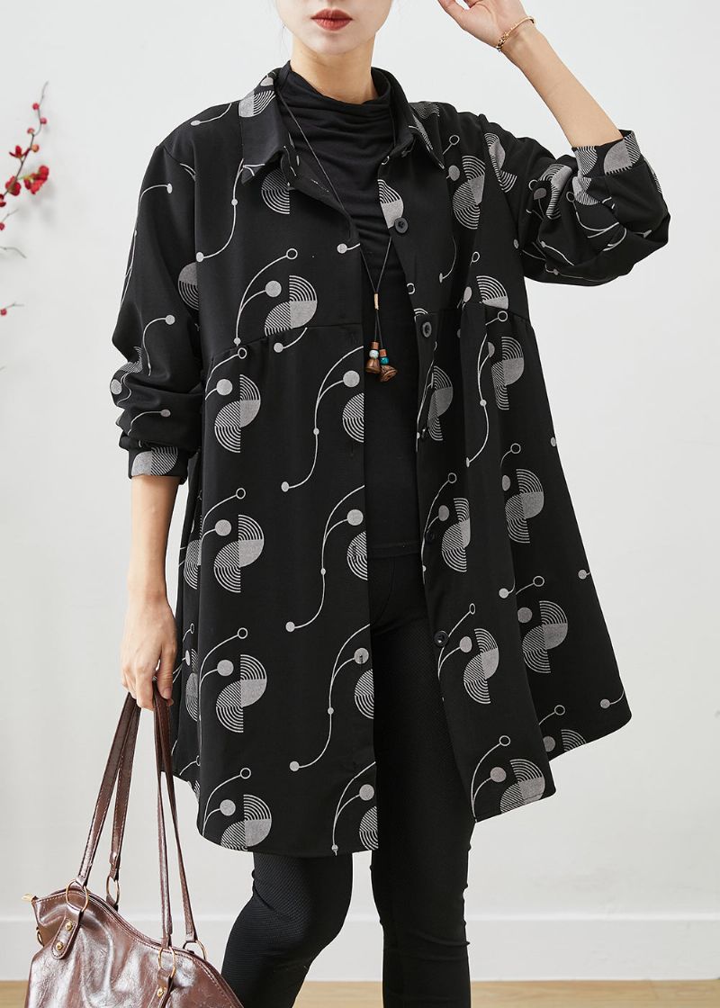 Italiaanse Zwarte Oversized Print Katoenen Trenchcoat Herfst