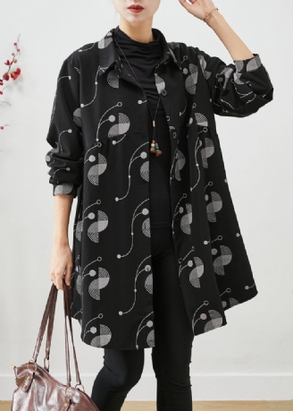 Italiaanse Zwarte Oversized Print Katoenen Trenchcoat Herfst