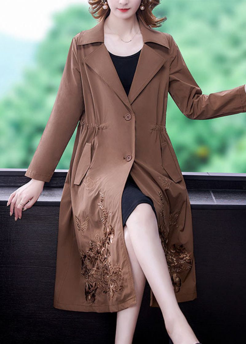 Kaki Effen Spandex Cinch-trenchcoat Met Ingekerfde Kraag Herfst - Kaki